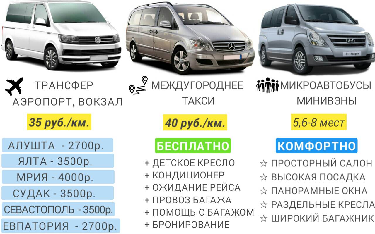 Такси минивэн Ялта, стоимость, детские кресла, экскурсии